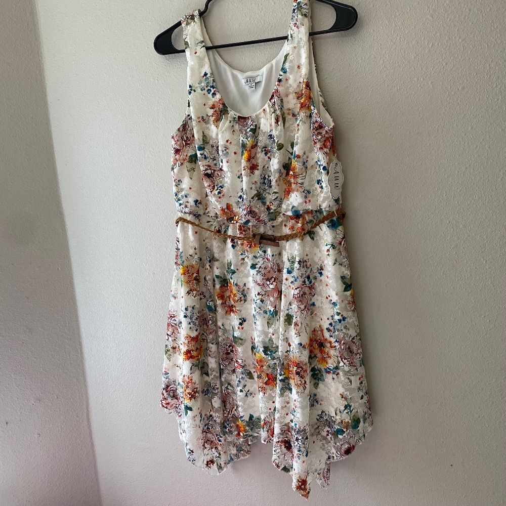 White Floral Sleeveless Belted Handkerchief Hem Dress XL NWT